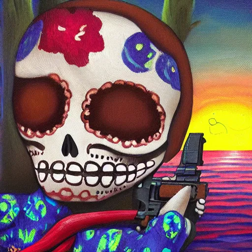 Image similar to very detailed and perfectly readable fine and soft relevant out of lines soft edges painting, manny calavera sitting with a rifle, in a cabin, on a lake, sunrise, grim fandango style,