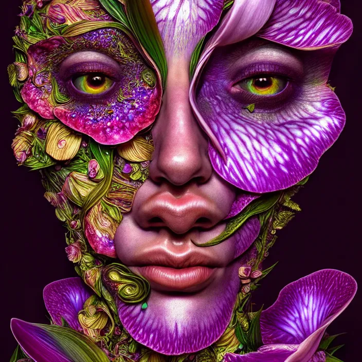 Image similar to psychedelic face made of orchid, diffuse lighting, fantasy, intricate, elegant, highly detailed, lifelike, photorealistic, digital painting, artstation, illustration, concept art, smooth, sharp focus, art by Giuseppe Arcimboldo