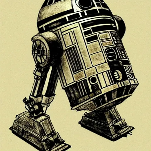 Prompt: a pencil sketch by leonardo davinci of the droid r 2 d 2, machine, sketch, da vinci, old masters, paper,