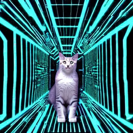 Prompt: cat getting lost in stargate sequence of 2 0 0 1