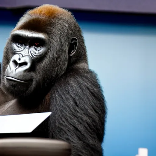 Image similar to an image of a gorilla sitting in a chair in the presidental press briefing room, hyper realistic, 4 k, depth of field.