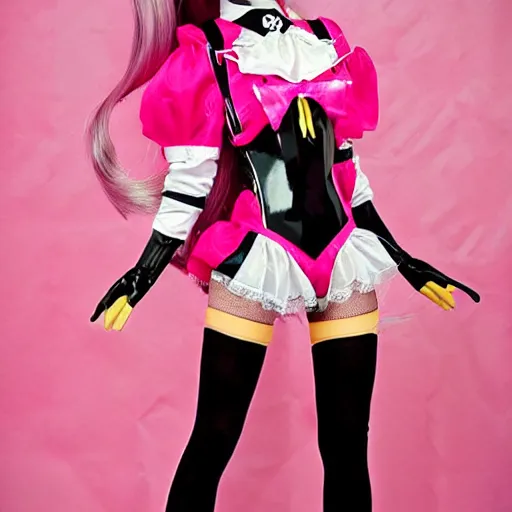 Image similar to anime barbie doll, leather bunny costume bodysuit, playboy, rabbit ears, plaid tights, full length, raspberry banana color, lace