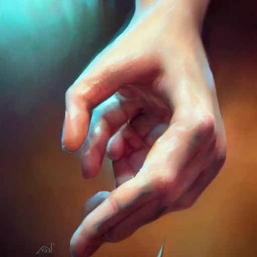 Prompt: hands by annie ralli art, artgem, fullshot, color painting, hyperrealistic, concept art, oil painting, masterpiece, concept art, trending on deviantart, realistic and detailed face, highly detailed, high quality, 8 k, soft lighting, fancy colors, fantasy, cinematic, high coherence