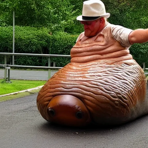 Image similar to a man riding a giant slug like its a horse