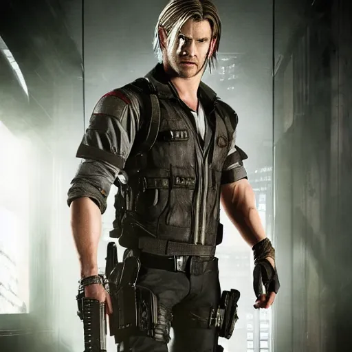 Image similar to chris hemsworth as leon kennedy in resident evil, 4k, high detail, high-resolution photograph, professional photography