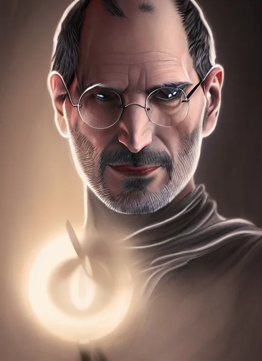 Prompt: Portrait of Steve Jobs, white glowing eyes, cloak, face enhance, male, fantasy, extremely detailed, digital painting, artstation, concept art, smooth, sharp focus, illustration, stunning lighting, art by artgerm and alphonse mucha and simon stalenhag, realistic character concept, high fantasy, light atmosphere, golden ratio, cinematic lighting, hyperdetailed, high resolution, insanely detailed and intricate, Marc Simonetti, Greg Rutkowski, 8k