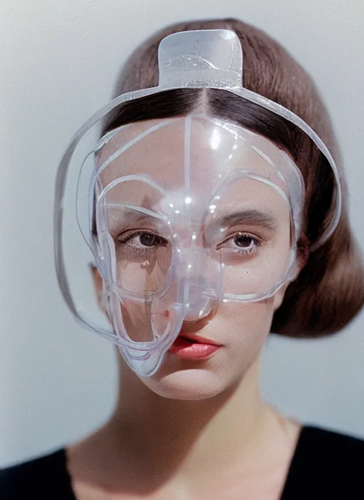 Image similar to a fashion portrait photograph of a woman wearing a transparent plastic mask designed by dieter rams, 3 5 mm, color film camera,