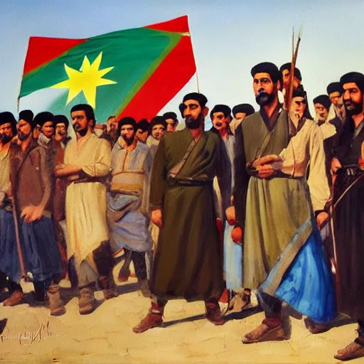 Image similar to a painting of a group of kurdish people establishingthe republic of mahabad! standing in front of a kurdish flag, an oil painting by ilya ostroukhov, featured on deviantart, socialist realism, ilya kuvshinov, movie still, oil on canvas