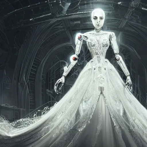 Prompt: female gothic robots full body with transparent head with mechanical brain and beautiful sensual robotic face, dressed in white intricate lace, veils and jewels, epic environment, matte painting, diffused lighting, highly detailed, cinematic, epic atmosphere, digital art, trending on artstation, wide angle