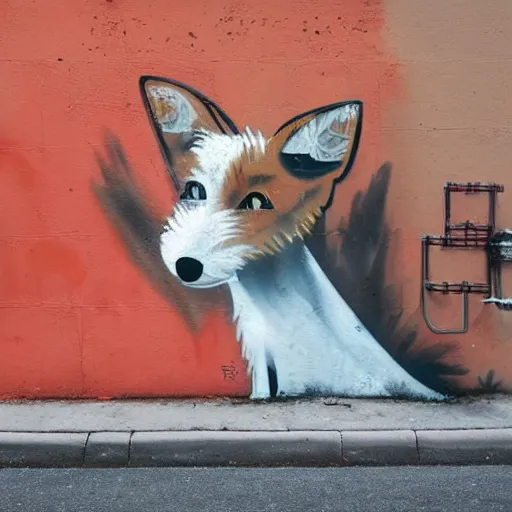 Prompt: a spraypainted graffiti art of a wire haired fox terrier on a wall in the city