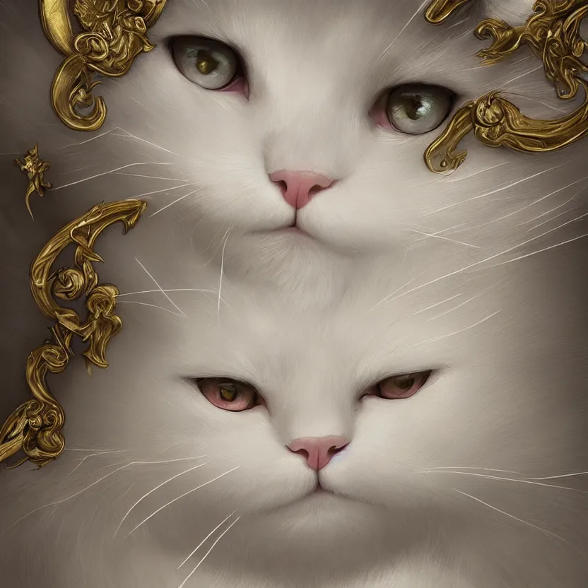 Image similar to amazing exquisite matte painting, close - up portrait of a white fluffy cat, sacred,, shimmer, exquisite detail huge details, gold detailed line work, by xision and yukii morita,, james jean, trending on artstation