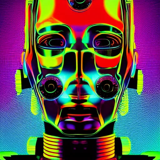 Image similar to hyperdetailed portrait of a futuristic atompunk robot head, 8 k, symetrical, flourescent colors, halluzinogenic, multicolored tshirt art, black background