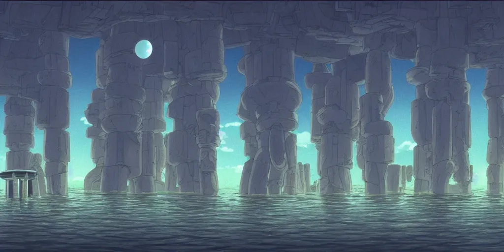 Image similar to a realistic cell - shaded studio ghibli concept art from paprika ( 2 0 0 6 ) of a flying intelligent dull grey mechanical octopus from close encounters of the third kind ( 1 9 7 7 ) in a flooded monument valley stonehenge. very dull colors, wide shot, hd, 4 k, hq