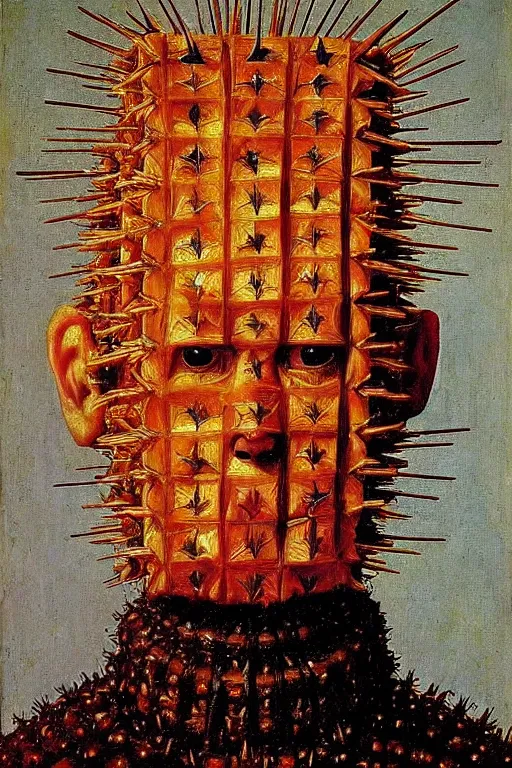 Prompt: portrait of pinhead hellraiser, oil painting by jan van eyck, northern renaissance art, oil on canvas, wet - on - wet technique, realistic, expressive emotions, intricate textures, illusionistic detail