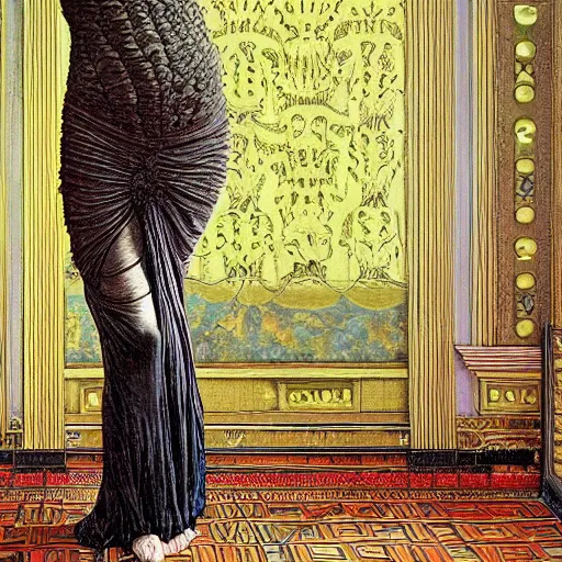 Image similar to hyperrealistic detailed painting of a black scary monster in an hotel room, art by ernst haeckel, john william godward, hammershøi, alphons mucha, pontormo, ornamental, decorative, art nouveau pattern, deep pastel colors,