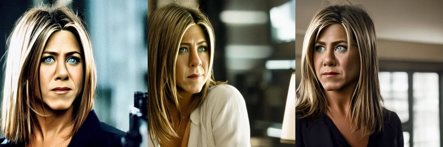 Prompt: close-up of Jennifer Aniston as a detective in a movie directed by Christopher Nolan, movie still frame, promotional image, imax 70 mm footage