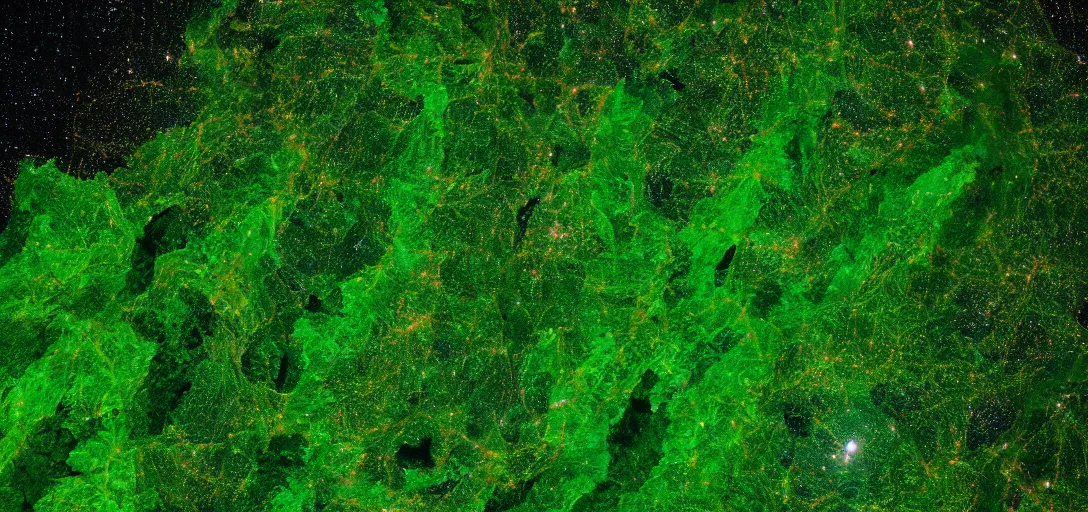 Image similar to nasa photo of the amazon forest made of plastic bags of different colors, in a real space photography, super detailed image, trending on artstation, moody, cinematic, 8 k, volumetric lighting