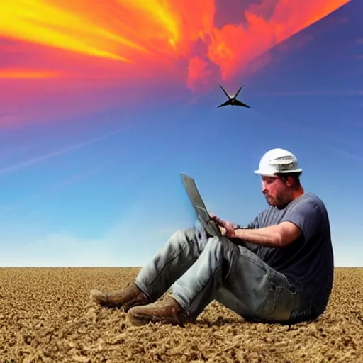 Prompt: man working in the field taking a break and looking at the blazar in the sky