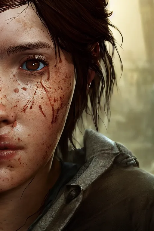 Image similar to ultra realistic facial portrait of ellie from the last of us part 2, digital art, character portrait, highly detailed, trending on artstation, lens flare, atmosphere, hyper realistic, cinematic lightning, sharp focus, unreal engine 5, extreme details perfect face, pretty face, fine - face, illustration, 8 k, ultra texture, masterpiece