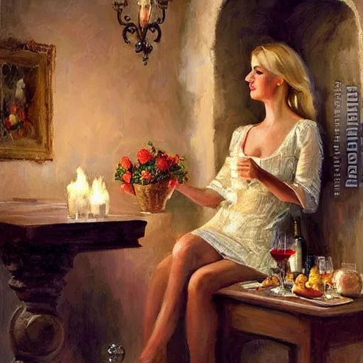 Prompt: wine cellar full of food, torches on the wall, schnapps!, romantic, inviting, cozy, blonde! woman, painting Vladimir Volegov