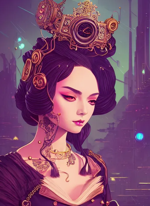 Image similar to a beautiful princess, adorned with steampunk accessories, league of legends arcane, intricate, elegant, highly detailed, digital painting, artstation, concept art, smooth, sharp focus, cyberpunk synthwave, vaporwave, 8 k, by audrey kawasaki and ilya kuvshinov