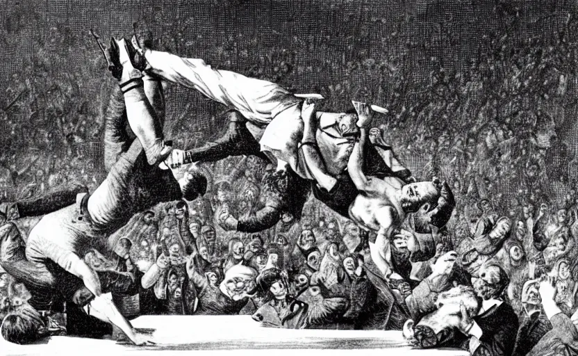 Image similar to Karl Marx as WWE wrestler suplexing Friedrich Nietsche on a WWE ring and the crowd goes crazy, sports photo, highly detailed