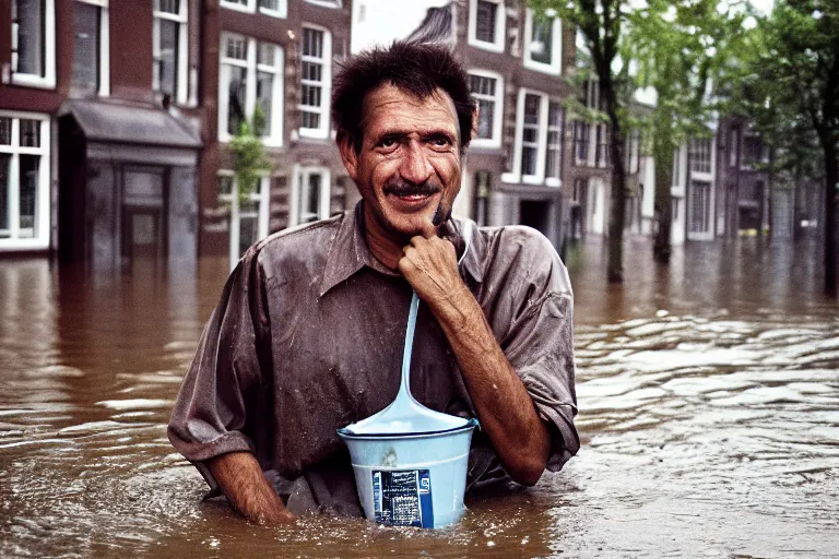 Image similar to closeup potrait of a man with a bucket of water in a flood in Amsterdam, photograph, natural light, sharp, detailed face, magazine, press, photo, Steve McCurry, David Lazar, Canon, Nikon, focus