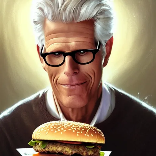 Prompt: portrait of ted danson eating hamburgers, extra onions and ketchup, luscious patty with sesame seeds, feminine ethereal, handsome, d & d, fantasy, intricate, elegant, highly detailed, digital painting, artstation, concept art, matte, sharp focus, illustration, art by artgerm and greg rutkowski and alphonse mucha