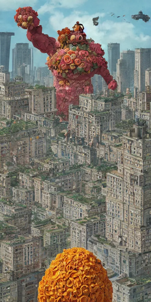 Image similar to giant grotesque flower in the middle of abandoned early soviet constructivist cityscape, Stalinist architecture, ultradetailed by Hayao Miyazaki and Josan Gonzalez and Makoto Shinkai and Giuseppe Arcimboldo and Wes Anderson