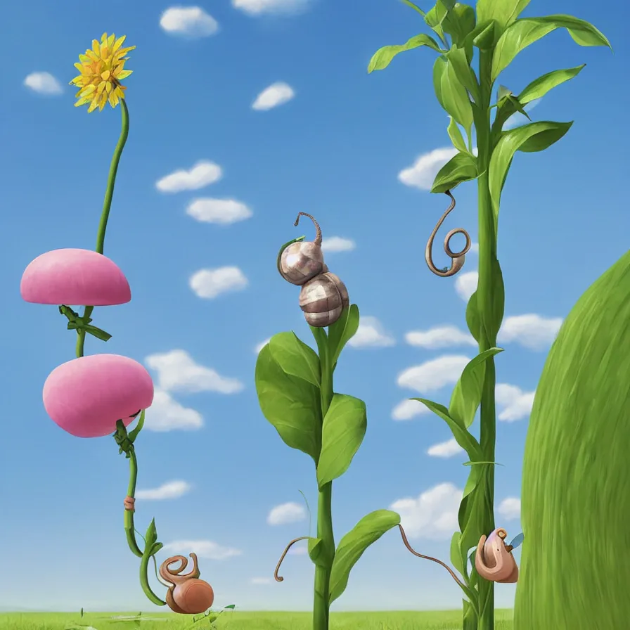 Prompt: Side view of a snail climbing up the pole of the tallest flower in the field, art by Goro Fujita