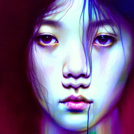 Prompt: jisoo of blackpink, hyperrealistic portrait, bladerunner street, by karol bak and agnes cecile, fantasy art, photo realistic, dynamic lighting, artstation, poster, volumetric lighting, very detailed face, intricate complexity, rule of thirds, 8 k, award winning, trending