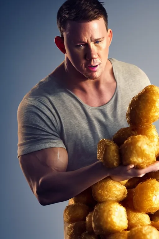 Image similar to channing tatum in a tater tot costume, tater tot face, ef 8 5 mm f 1. 8 usm, bionic scifi alexandre ferra, hyper detailed, digital art, trending in artstation, cinematic lighting, studio quality, smooth render, unreal engine 5 rendered, octane rendered