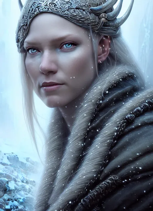 Image similar to closeup portrait shot of a female snow viking in a scenic dystopian environment, intricate, elegant, highly detailed, centered, digital painting, artstation, concept art, smooth, sharp focus, illustration, artgerm, tomasz alen kopera, peter mohrbacher, donato giancola, joseph christian leyendecker, wlop, boris vallejo