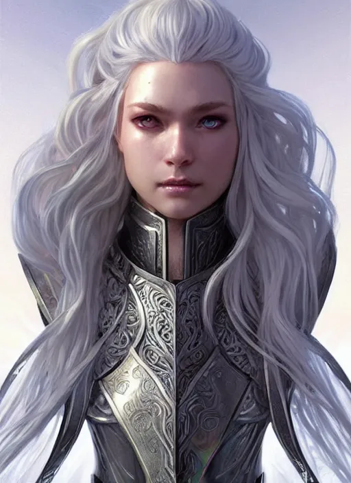 Image similar to light iridescent armor!!! long wild white hair!! covered chest!!! fantasy, d & d, intricate ornate details, digital painting, pretty face!!, symmetry, concept art, sharp focus, illustration, art by artgerm! greg rutkowski magali villeneuve wlop! ilya kuvshinov!!, octane render