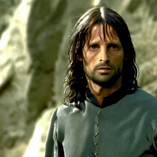 Prompt: A still of Aragorn on Star Trek: The Original Series, red shirt, sharp focus, high quality, very realistic, 4k