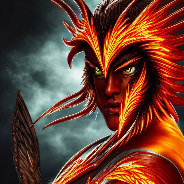 Image similar to phoenix warrior, artgerm, highly detailed, 8 k, hdr, close up, smooth, sharp focus, high resolution, award - winning photo