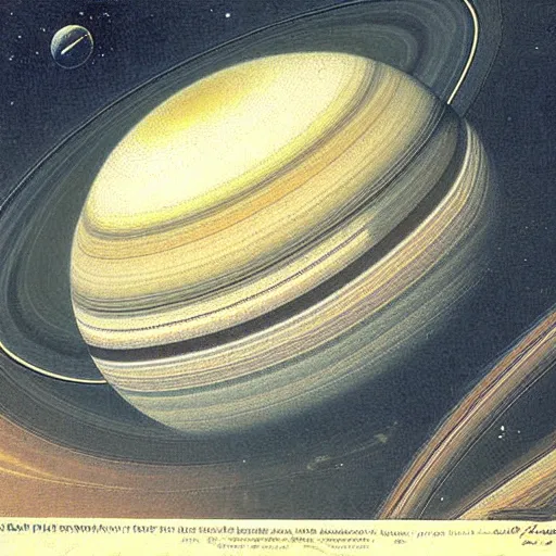 Prompt: planet saturn lithograph by adolphe millot