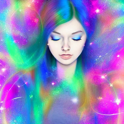 Prompt: portrait of a beautiful girl with iridescent translucent hair, her eyes are closed, hair is floating, digital art, ethereal, galaxy swirls, space