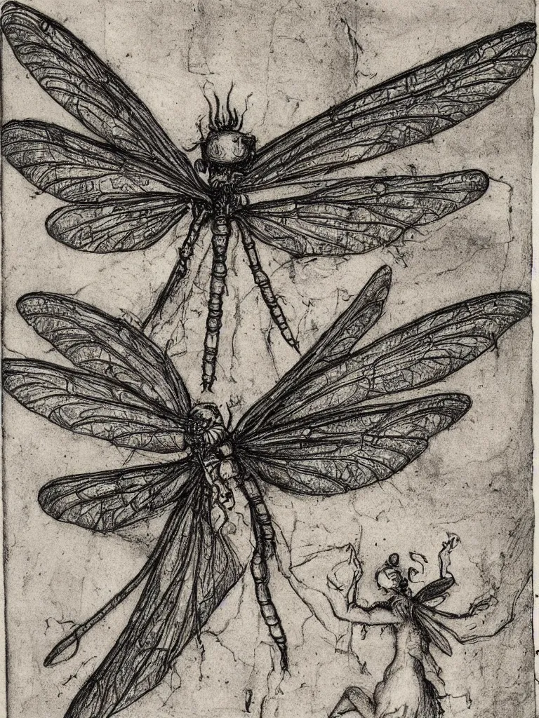 Image similar to annotated detailed sketch drawing of a fairy with dragonfly wings by albrecht durer