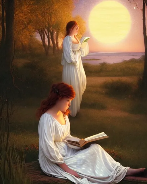 Prompt: a girl in white nightgown reading a book by the river, a full moon on the horizon, dark starry sky, golden orbs and fireflies, illustration, dramatic lighting, art nouveau, highly detailed face, 8 k, hd, by edmund blair leighton, brom, charlie bowater, trending on artstation, faces by tom bagshaw, sargent