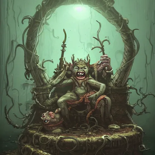 Image similar to murky sewer scene with an evil rat king sitting on a throne and grinning, surrounded by other rats. trending on artstation, fantasy illustration, rat people, extremely detailed