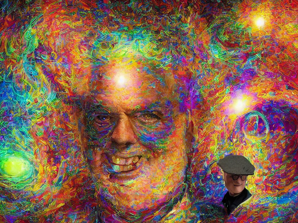 Prompt: geert wilders with dilated pupils, sly smile wearing a cap, inflating a balloon against cosmic background, dmt lsd acid caustics volumetric light octane render portal by james r eads and tomasz alen kopera