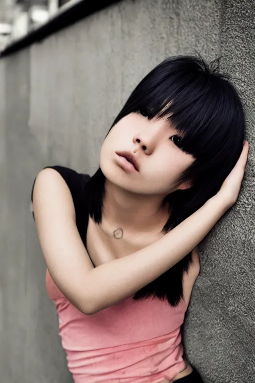 Image similar to a beautiful gorgeous Japanese edgy model girl with short hair, she's sad by Guy Bourdin, sunset, street of Hong Kong, 80mm lens, 1.2 aperture, grainy image, close up, cinematic light, very detailed, depressing atmosphere, cover magazine