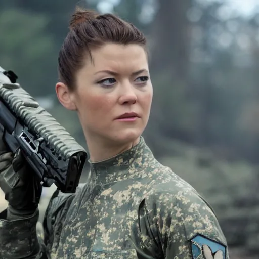 Image similar to mary elizabeth winstead as a futuristic soldier in a future battleground