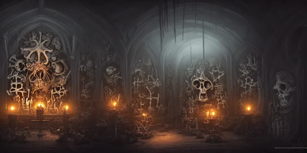 Image similar to full color, low ultrawide interior shot of sedlec ossuary, bones, smooth concept art in anime style mixed with fujifilm, dark, foggy, atmospheric, artstation, cgsociety, rendered, denoise, cinematic masterpiece