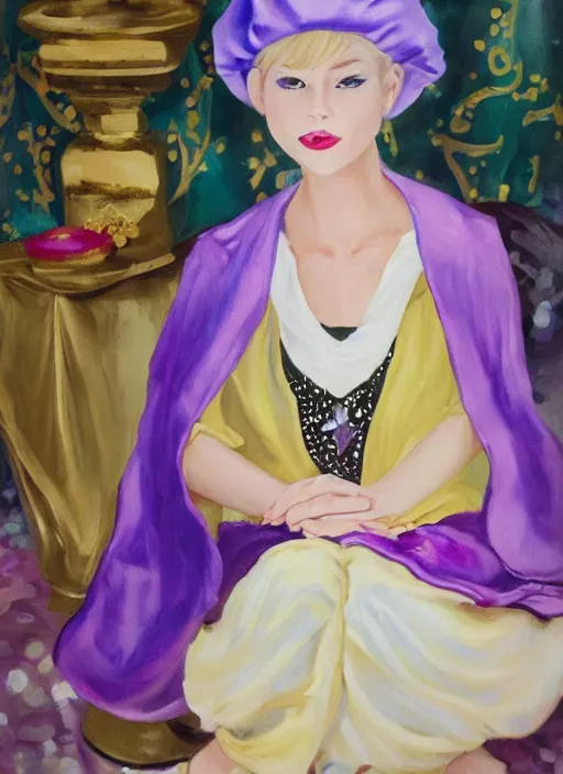 Prompt: A painting of a beautiful and mysterious young Fortune Teller with short blond hair wearing an oversized purple Beret, Baggy Purple overall shorts, Short Puffy pants made of silk, silk shoes, a big billowy scarf, Golden Ribbon, and white leggings Covered in stars. Short Hair. Fortune Teller. Billowing Fabric. Golden Cape. Haute Couture. Sunlit. Moonlit. Cloudscape. Art by william-adolphe bouguereau and Alexandre Cabanel and Rembrant and WLOP and Artgerm and Johannes Helgeson. Smooth. Elegant. Highly Detailed. Intricate. 4K. UHD. Denoise.