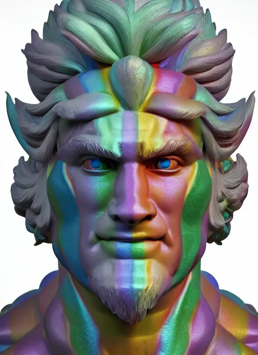 Prompt: stylized rainbow bismuth ornate statue full body made of marble of brawny burly surly, perfect symmetrical body, perfect symmetrical face, hyper realistic, hyper detailed, by johannen voss, by michelangelo, octane render, blender, 8 k, displayed in pure white studio room