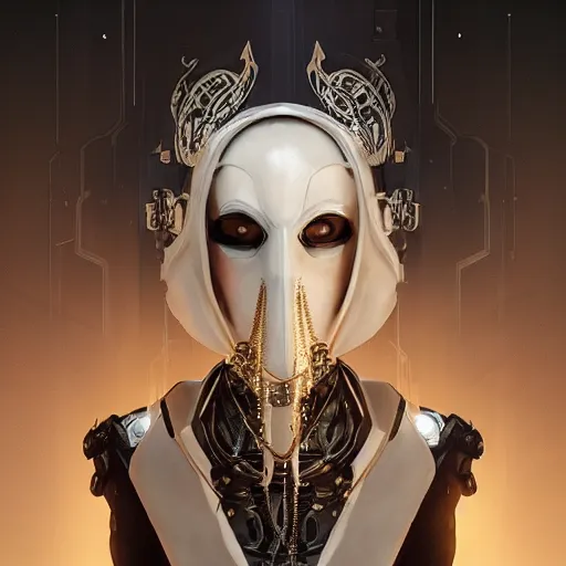 Image similar to a cyborg empress with mask, art nouveau ivory accessories, cyberpunk, darksynth, luxury, concept art by jama jurabaev, extremely detailed, ominous, ethereal, artstation, andree wallin, edvige faini, balaskas, alphonse mucha, symmetry