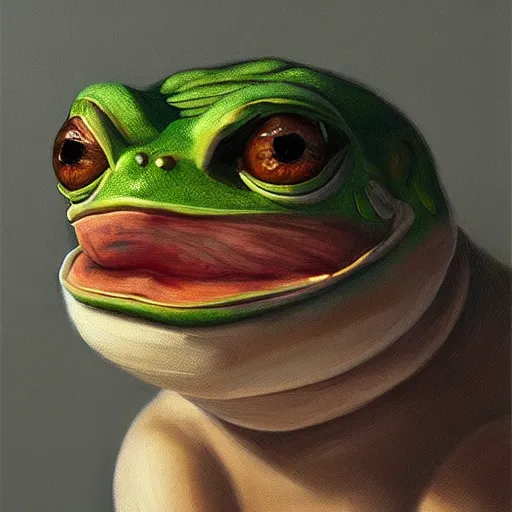 Image similar to portrait of the real life pepe the frog meme, expressive pose, futuristic, highly detailed, digital painting, artstation, concept art, smooth, sharp focus, dramatic light, studio light, by Artemisia Gentileschi