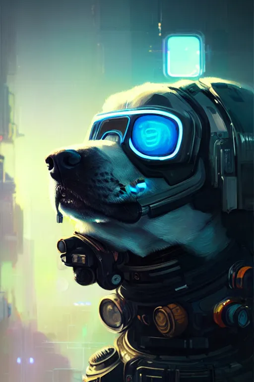 Image similar to a beautiful portrait of a cute cyberpunk dog with blue tinted view of space in the background by greg rutkowski and wlop, digital art, highly detailed, fine detail, intricate, ornate, complex